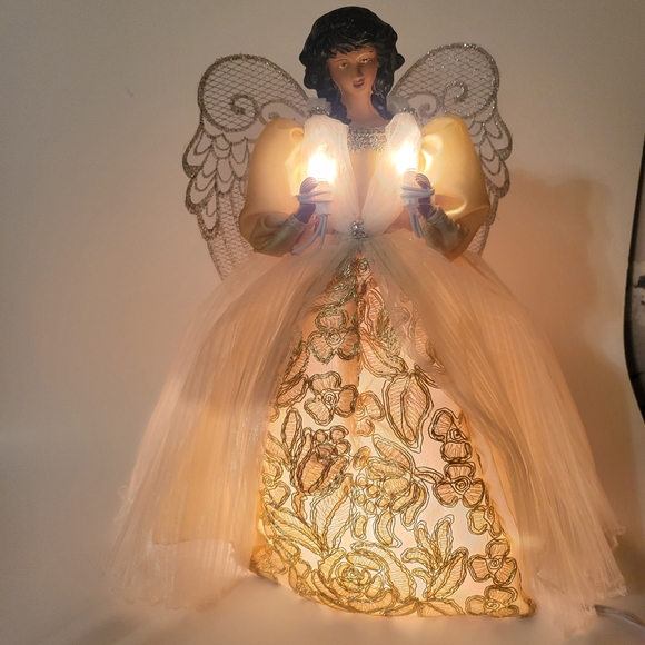 14" Holiday Lane 10-Light Angel Tree Topper with Gold Dress & Silver Wings - Picture 1 of 6
